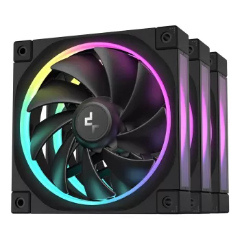 120 mm PC ventilators DeepCool FL12 3-in-1 Melns, 120×25 mm, 2150 RPM, Fluid Dynamic Bearing, PWM, 55 CFM, 32 dB, 3 gab. komplekts