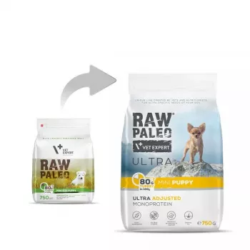 Sausā suņu barība VETEXPERT Raw Paleo Ultra Mini Puppy Turkey 750 g – kucēnu grauzdiņi mazām šķirnēm, 30% olbaltumvielu, 14% tauku