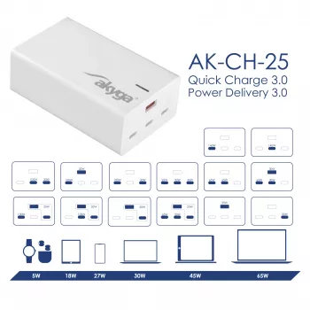 Akyga AK-CH-25 GaN galda USB lādētājs 140 W, 3 x USB-C PD + USB-A, balts