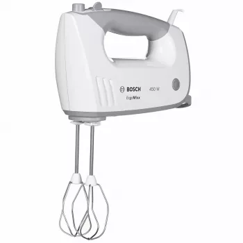 Rokas mikseris Bosch MFQ36480 – 450 W, 5 ātrumi ar turbo, pelēks/balts, putotāji un mīklas āķi