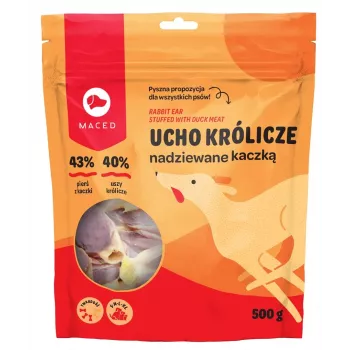 Suņu zobu košļājamā kociņš MACED Pīle ar truša ausi 500 g — ilgstošs dabīgs našķis, olbaltumvielas 50%, piemērots visām šķirnēm