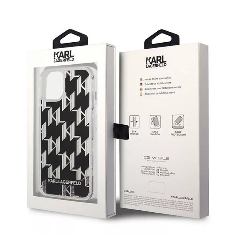 Karl Lagerfeld KLHCP14MLMNMK cietais maciņš iPhone 14 Plus 6.7 melns/melns Liquid Glitter Monogram