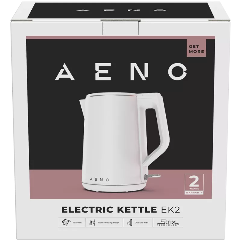AENO Elektriskā tējkanna EK2: 1850-2200W, 1,5L, Strix, dubultās sienas, neuzkarsējošs korpuss, automātiska izslēgšanās, aizsardzība pret sauso vārīšanu