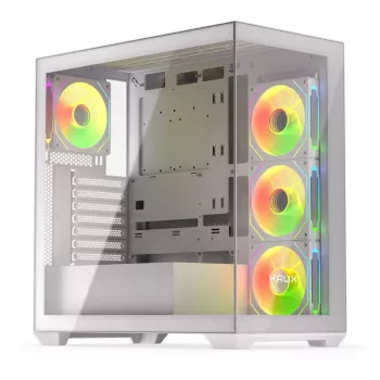 PC korpuss KRUX Exo RGB White — ATX tornis, tērauds, 2x3.5 inch + 2x2.5 inch vietas, USB-C, RGB