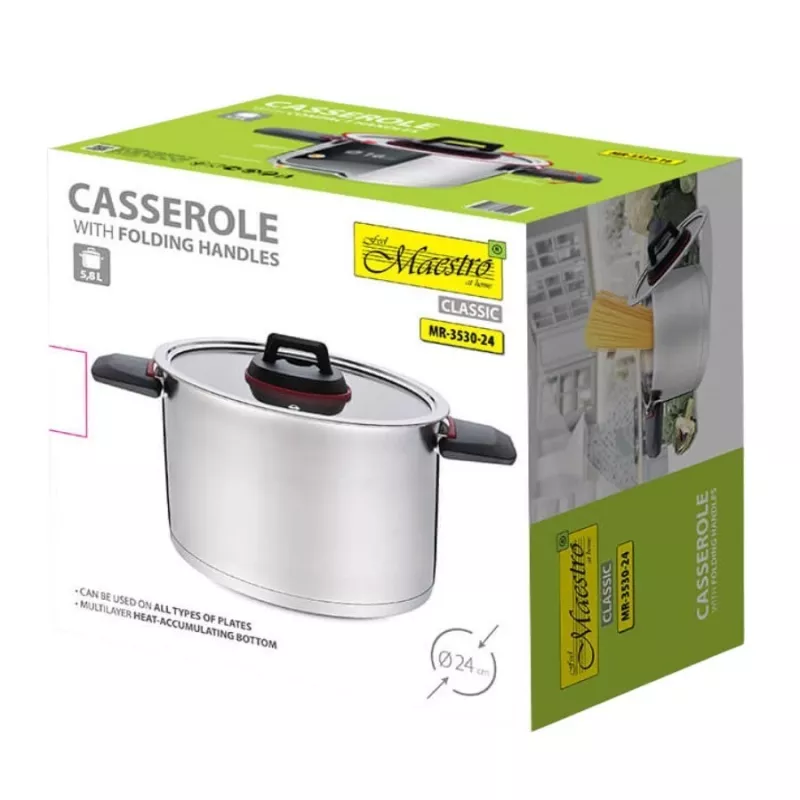 Gatavošanas katls Maestro MR-3530-24 nerūsējošais tērauds 24 cm, 5.5 L, salokāmi rokturi, stikla vāks