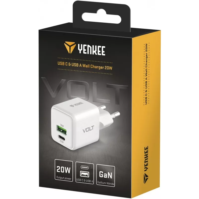YENKEE YAC G38 20W 3A Power Delivery USB-C un USB-A sienas lādētājs
