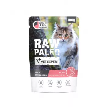 VETEXPERT Raw Paleo Adult Sterilised Pork 100 g — slapjā barība sterilizētiem pieaugušiem kaķiem