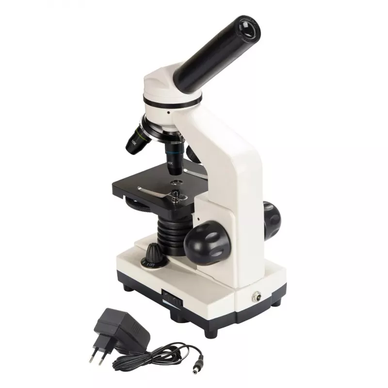 Saliktais optiskais mikroskops Deltaoptical DO-3210 — monokulārs, 3 ahromatiskie objektīvi, LED apgaismojums, 40–400×, 45° slīpa grozāma galva