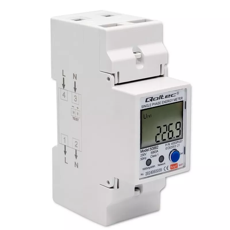 Qoltec 50882 Vienfāzes elektroniskais elektroenerģijas patēriņa skaitītājs DIN sliedei | Wi-Fi | TUYA | 230V | LCD