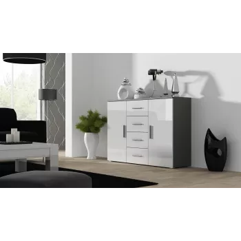 Sideboard Cama Meble UNI pelēks/balts spīdums, 2 durvis, 2 plaukti, 1320×380×920 mm