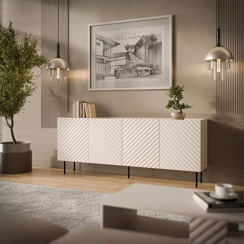 Kumode Cama Meble LUCCA 4D — 200 x 40 x 80 cm, smilškrāsas, skaidu plātne