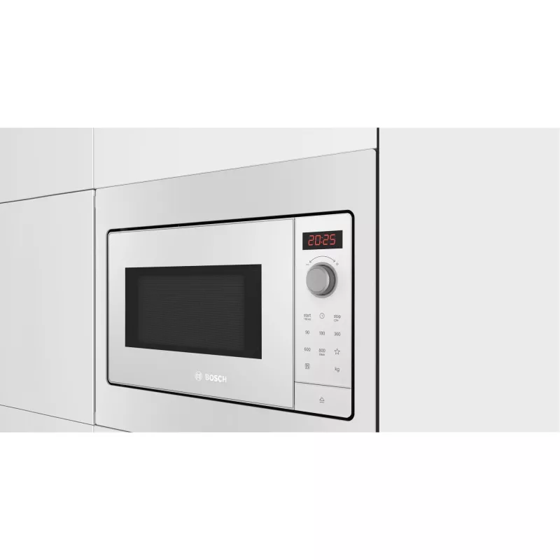 Iebūvējamā solo mikroviļņu krāsns Bosch BFL523MW3, 800 W, 20 L, balta, skārienvadība un rotācijas regulators