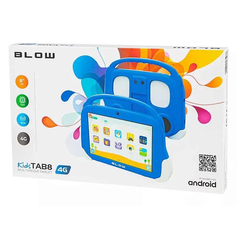 BLOW KidsTAB8 4G planšete, 8 collu 1280x800, 8 kodolu T606 1,6 GHz, 4 GB RAM, 64 GB, Android 12, LTE, microSD, ar apvalku, zila