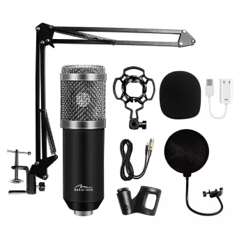 PC mikrofons MEDIA-TECH MT397S — vadu, XLR ieeja, 20–20000 Hz, 150 Ω, -32 dB, 2.4 m kabelis, galda statīvs, melns