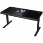 Divmotoru sēdus-stāvus regulējams spēļu galds ar iebūvētu PC korpusu, bezvadu lādētāju, RGB apgaismojumu, vadības paneli un USB portiem, rūdīta stikla virsma, melns