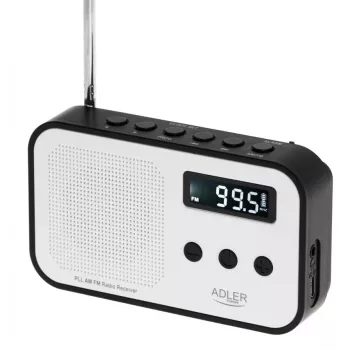 Pārnēsājams digitālais radio Adler AD 1907 — AM/FM, digitālais skaņotājs, modinātājs, USB-C, 600 mAh akumulators, LCD, 20 iegaumētas stacijas, teleskopiskā antena