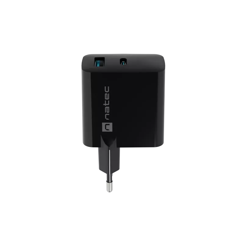 Vadu mobilās ierīces lādētājs NATEC NUC-2145, 65W, USB-C PD 3.0 + QC 3.0, 1x USB-C, 1x USB-A, 110–240V, Melns