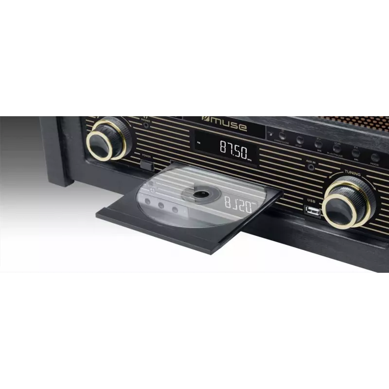 Atskaņotājs muse MT-115 W — melns/zelta, 33-45-78 apgr./min, J-veida tonearm, rotējošs skaļums, 240V maiņstrāva