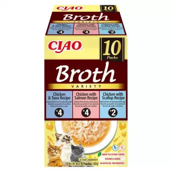 INABA Ciao Broth kaķu našķi, vista, zivs un ķemmīšgliemenes, 10 x 40 g