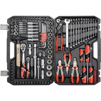 Mehāniķa instrumentu komplekts YATO YT-38901 — 122 daļas, uzgriežņu atslēgas 12–32 mm, griežņi, skrūvgrieži, āmurs, knaibles, hromēts