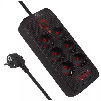 Strāvas sloksne MACLEAN MCE391 B – 6 rozetes, 4×USB-A + 1×USB-C, 110–240V, 2500W, 3 m vads, melna