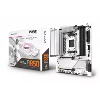 Mātesplate Sapphire PURE B850M WIFI Micro ATX — AMD B850, Socket AM5, DDR5 līdz 8000 MHz, 4 DIMM, Wi‑Fi 6, 2.5Gb LAN, 2× M.2, PCIe 5.0 x16