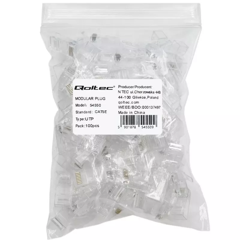 Modulārais RJ45 savienotājs QOLTEC 54550 CAT5e UTP, 100 gab. iepakojumā