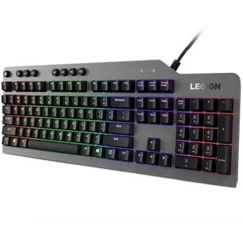 Mehāniskā spēļu tastatūra Lenovo Legion K500 — pilnizmēra 104 taustiņu USB, QWERTY ASV angļu, RGB fona apgaismojums, pelēka/melna