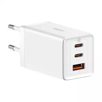 Sienas lādētājs Baseus GaN5 Pro 65W — USB + 2×USB-C (QC3.0, PD3.0) ar 1m USB-C kabeli, balts