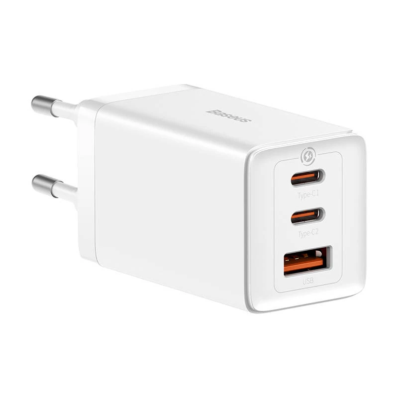 Sienas lādētājs Baseus GaN5 Pro 65W — USB + 2×USB-C (QC3.0, PD3.0) ar 1m USB-C kabeli, balts