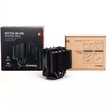 CPU dzesētājs Noctua NH-D9L CHROMAX.BLACK — 92 mm ventilators, 400–2000 RPM, 22,6 dB, izmēri 95×95×110 mm, svars 531 g