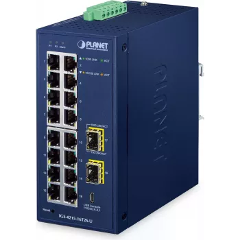 PLANET IGS-4215-16T2S-U Industriāls pārvaldāms L2/L4 Gigabit Ethernet slēdzis, 16 porti + 2 SFP, IP30, zils