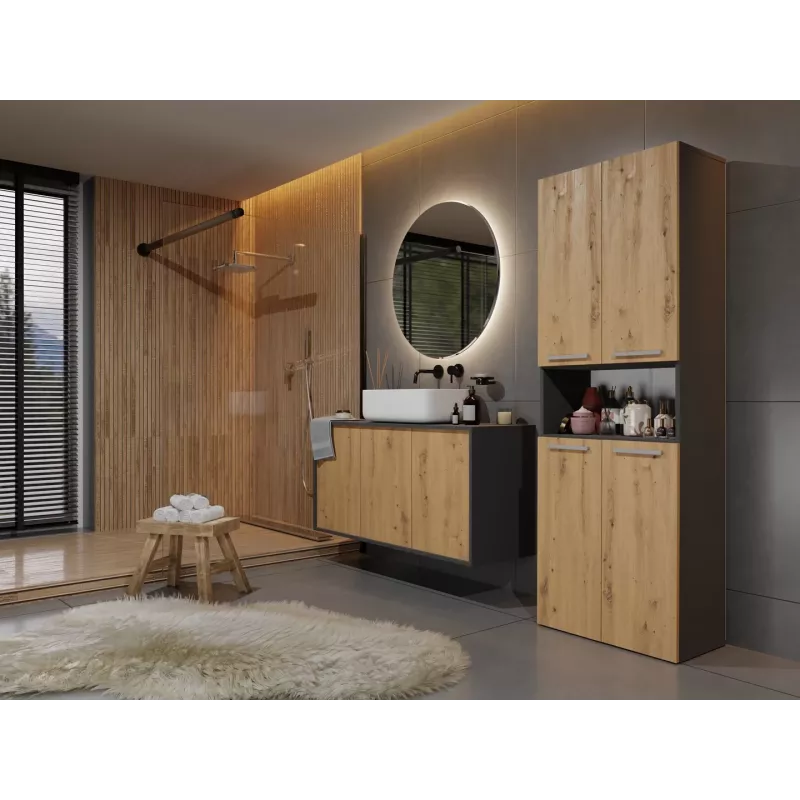 Vannas istabas skapis Top e Shop NEL 2K DK ANT/ART KP — Grafīts/Ozols, brīvi stāvošs, 600×300×1740 mm, 3 plaukti