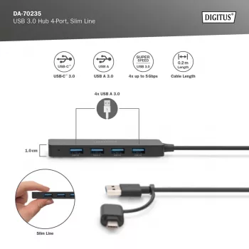 USB Hubs Digitus DA-70235 4 porti USB 3.2 Gen 1 Type-A un Type-C 12000 Mbit/s