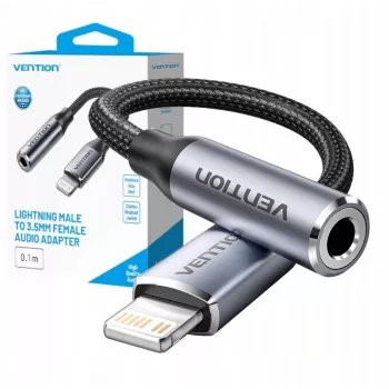 Audio adapteris Vention Lightning uz 3.5 mm BMBHA, vadu adapteris ar 0.1 m kabeli, pelēks