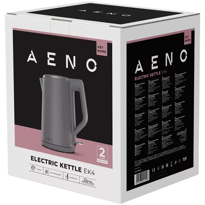 AENO Elektriskā tējkanna EK4: 1850-2200W, 1.5L, Strix, dubultsienas, nesildošs korpuss, automātiska izslēgšanās, aizsardzība pret sauso vārīšanu