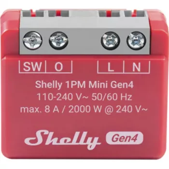 Viedais slēdzis Shelly 1PM Mini Gen4, bezvadu 110–240V AC, max 8A / 2000W, plastmasas korpuss 34×16×29 mm