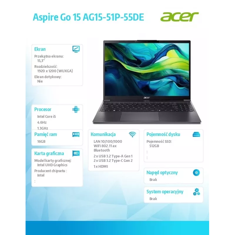 Piezīmjdators Acer Aspire Go 15 AG15-51P-55DE i5-1334U 15.3 inch WUXGA, 16GB, 512GB SSD, bez OS