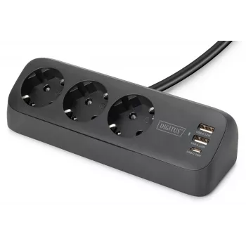DIGITUS pagarinātājs 3× kontaktligzda + 2×USB-A un 1×USB-C, 1,5 m, melns