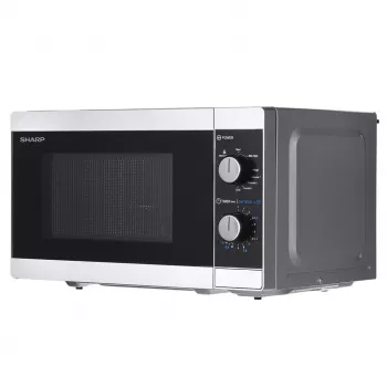 Kombinētā mikroviļņu krāsns Sharp YC-MG01E-S — 20 L, 800 W mikroviļņi, 1000 W grils, 5 jaudas līmeņi, rotācijas vadība, 25,5 cm pagrieziena galds