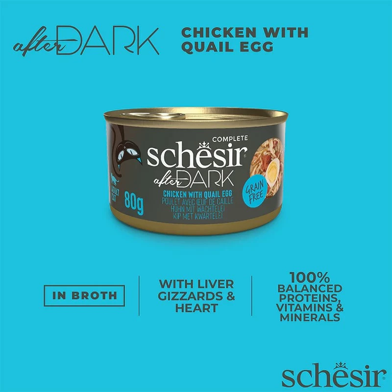 Slapjš kaķu barības buljons Agras Pet Foods Schesir after Dark Complete Brühe 80 g — vistas gaļa, bezglutēna, pieaugušiem kaķiem