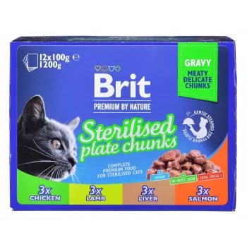BRIT Premium Cat Sterilised Plate - slapjā kaķu barība - 12x100g