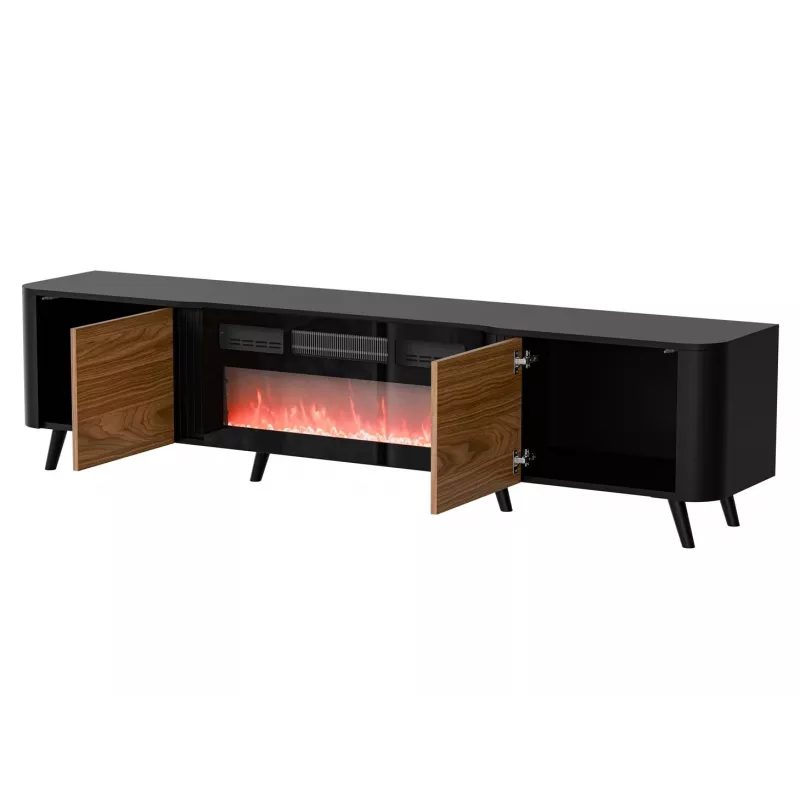 TV skapis Cama Meble Volare 200 x 39 x 49 cm melns/valrieksts ar kamīnu