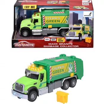 Rotaļlietu transportlīdzeklis Majorette Mack Granite atkritumu vedējs modelis 213743007, metāla lējuma mēroga rotaļlieta