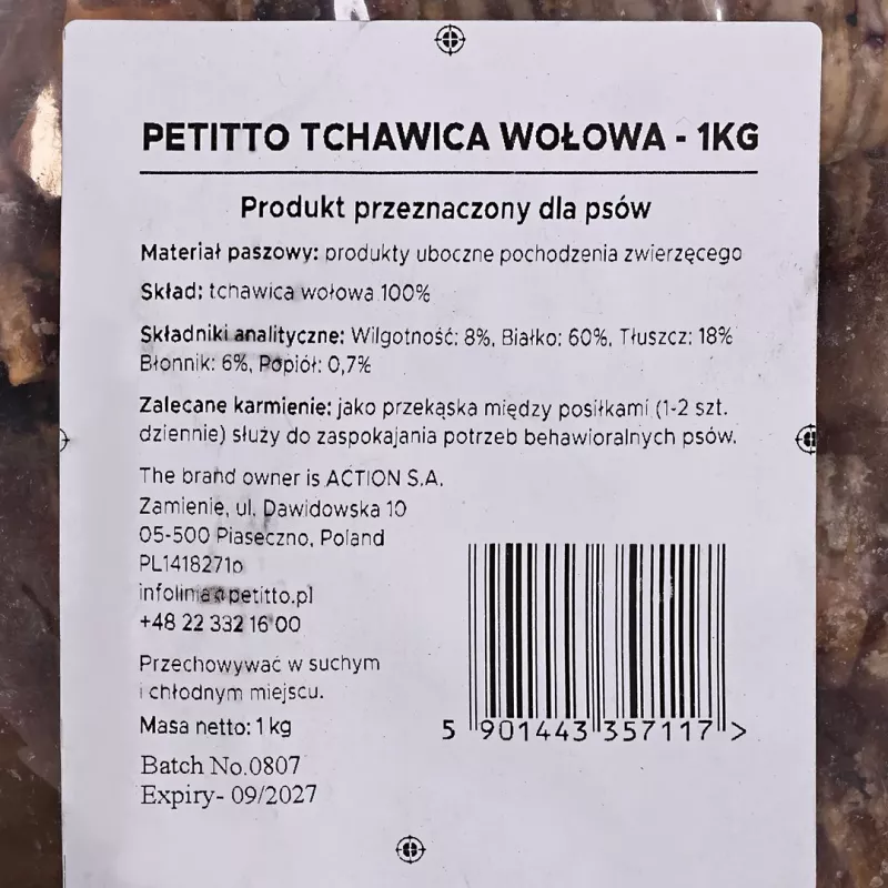 Suņu kārums PETITTO liellopa traheja 1 kg - dabīgs košļājamais kārums