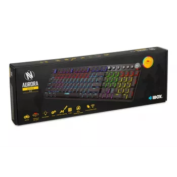Tastatūra IBOX AURORA K-6 — Pilnizmēra QWERTY, RF Bezvadu + Bluetooth, RGB fona apgaismojums, Mehāniskie zemprofilu taustiņi, Melna