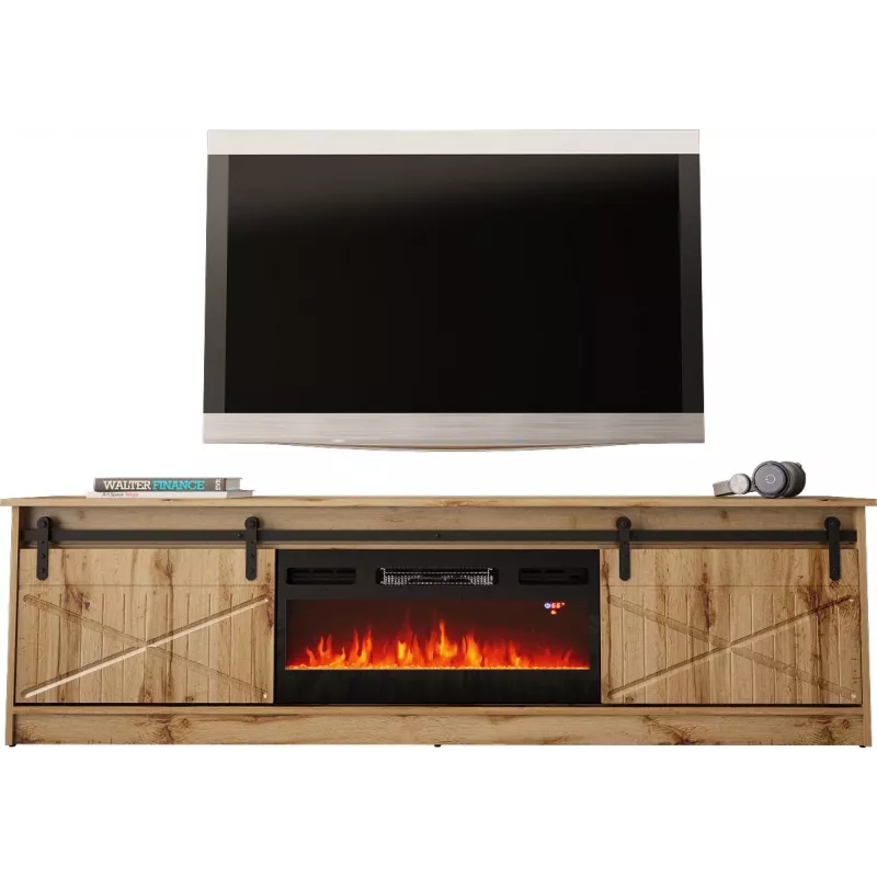 TV skapis Cama Meble GRANERO ar kamīna moduli, Wotan ozols, 2000×350×567 mm, 2 durvis, 2 plaukti