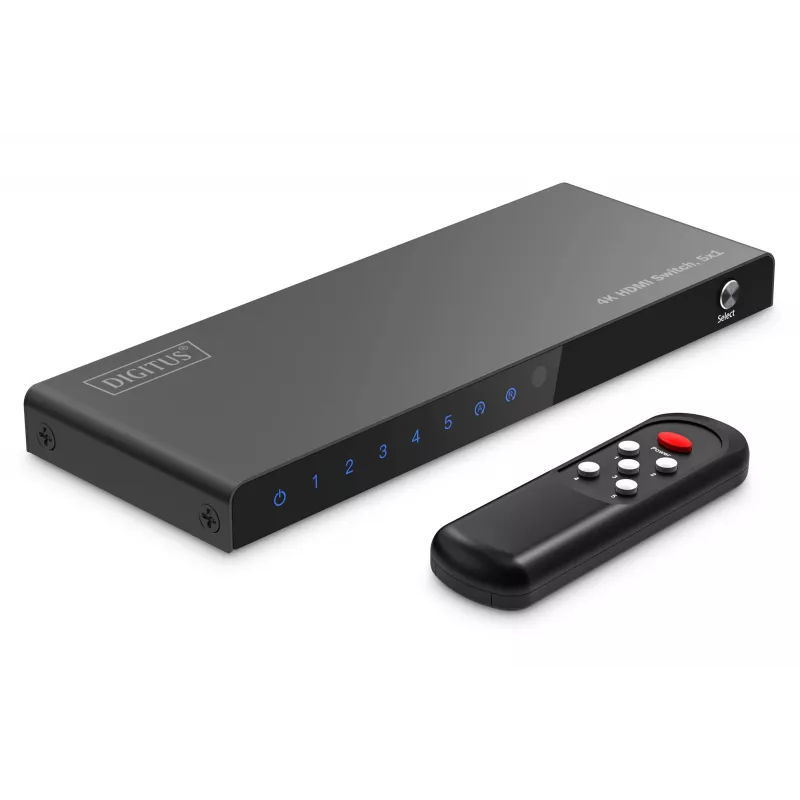 HDMI pārslēdzējs DIGITUS DS-55332, 5 ieejas uz 1 izeju, 4K/60Hz, HDCP 2.3, 18 Gbit/s, melns
