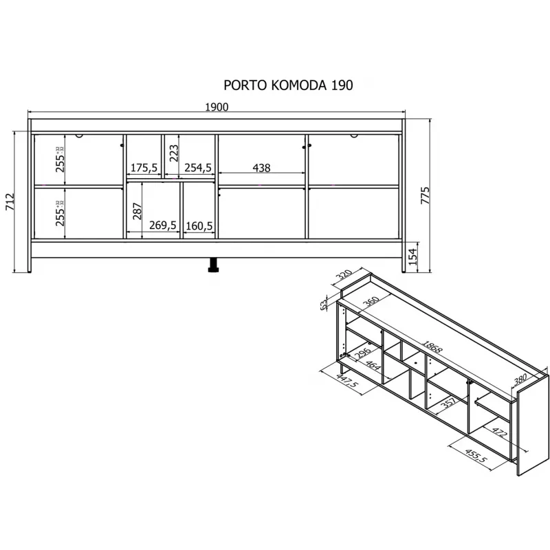 Cama PORTO 3D kumode 190x38x77 ozols/melns