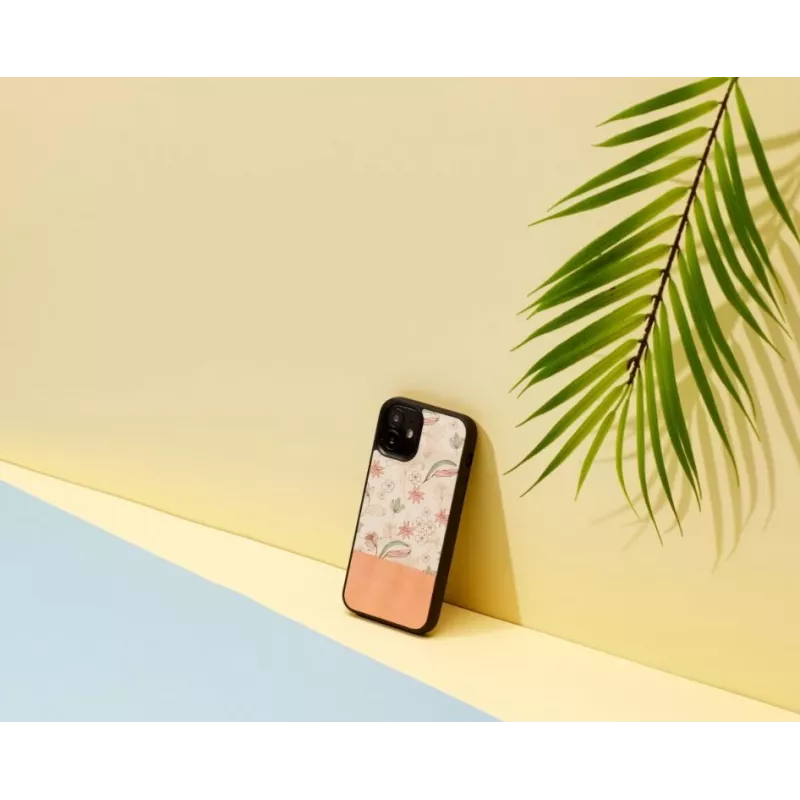 Aizsargmaciņš Man and Wood iPhone 12 mini — rozā zieds uz melna